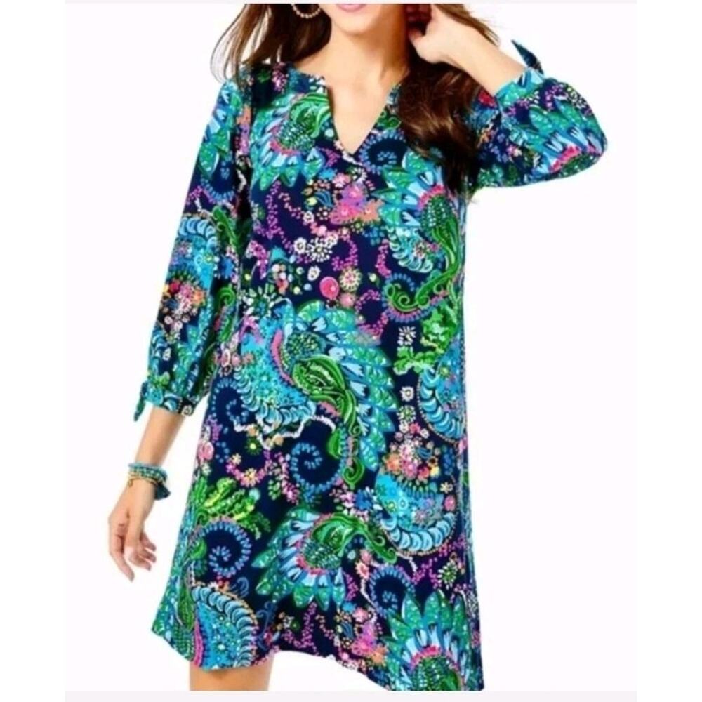 Lilly Pulitzer Cath Take Me To The Sea Blue Pink Floral Cotton Mini Dress Medium